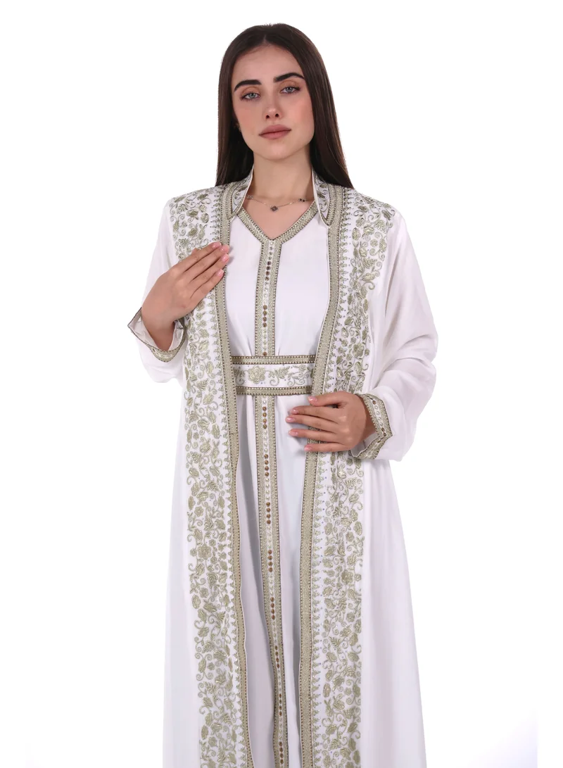 AL BENT AL SHARQIEH White emboidered belted chiffon kaftan dress for Women | Best Price UAE